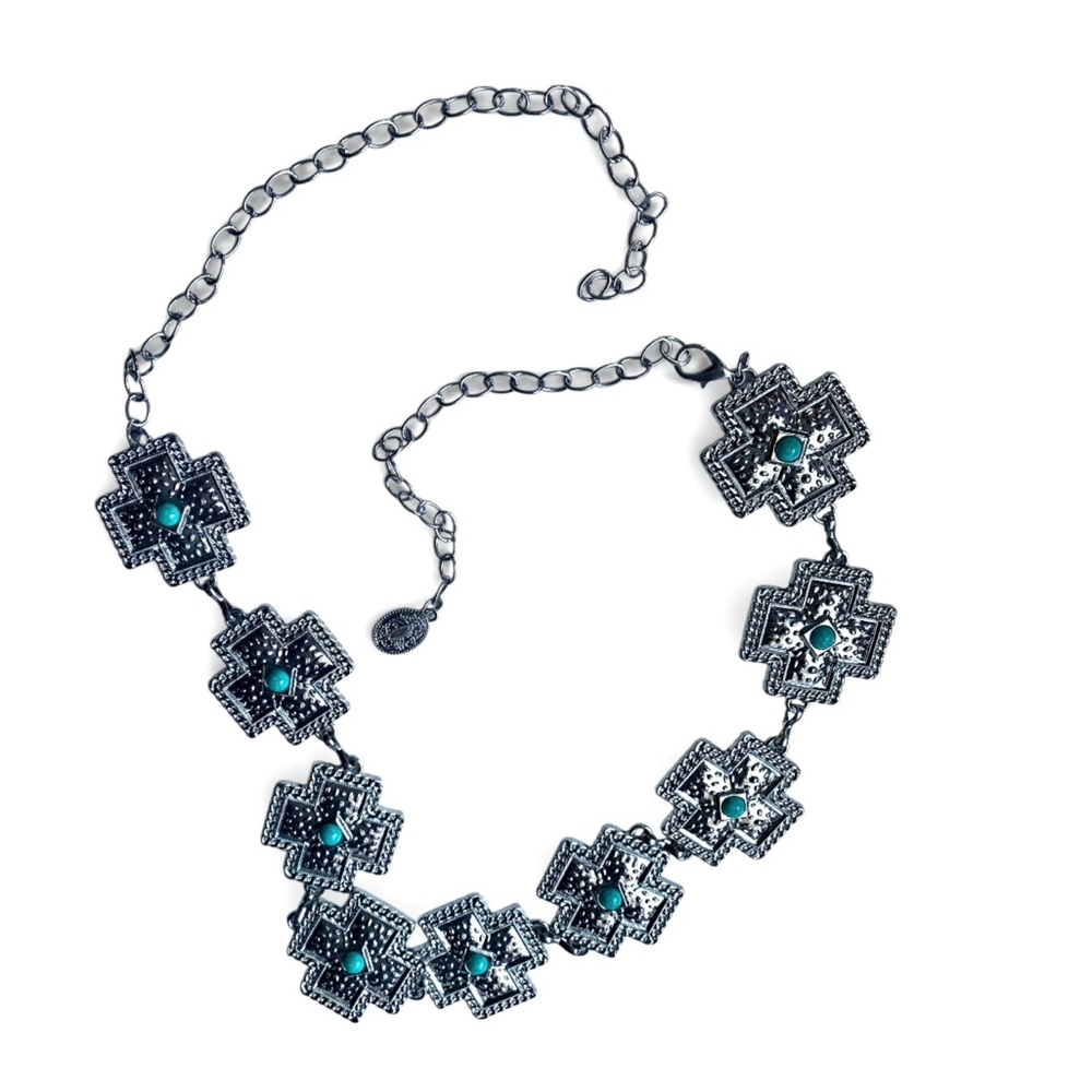 Western Style Cross Shaped Concho Faux Turquoise Adjustable Woman’s Chain Belt - Picture 5 of 6